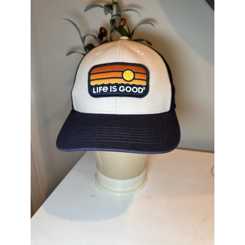 Life Is Good Sunset Patch Trucker Hat Cap Navy Blue Mesh Adjustable Snapback